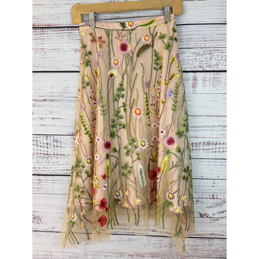 Eva Franco Waverly Garden Skirt Anthropologie Pink Floral Embroidered Tulle - Picture 3 of 10